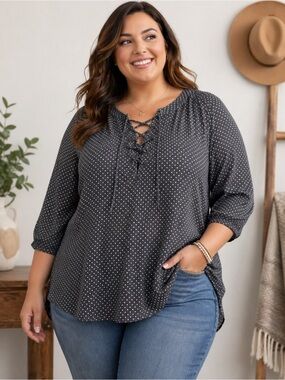 Fred David Gray Polka Dot Lace-Up Blouse 2X Boho Flowy Plus Size Top